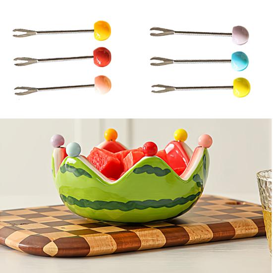 Fruit Plate And Fruit Fork Set Ceramic Watermelon Bowl with Stainless Steel Fork Multipurpose Kitchenware for Fruit Dessert Snacks