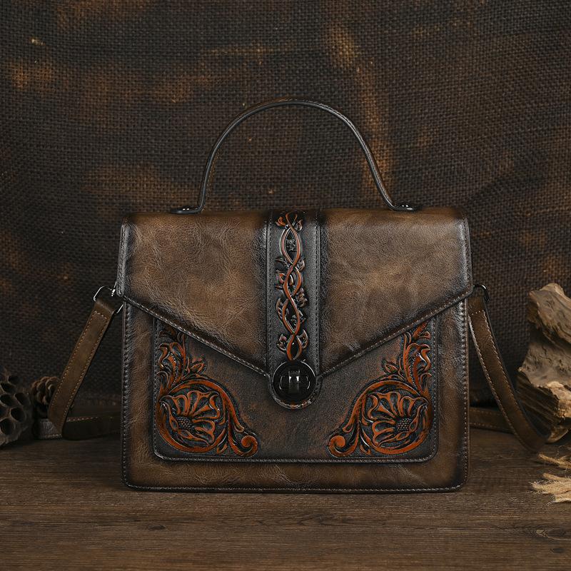 

Johnature Retro Handbag Handmade Exquisite Embossed Women s Leather Bag Versatile Large Capacity Shoulder Bags кофейный