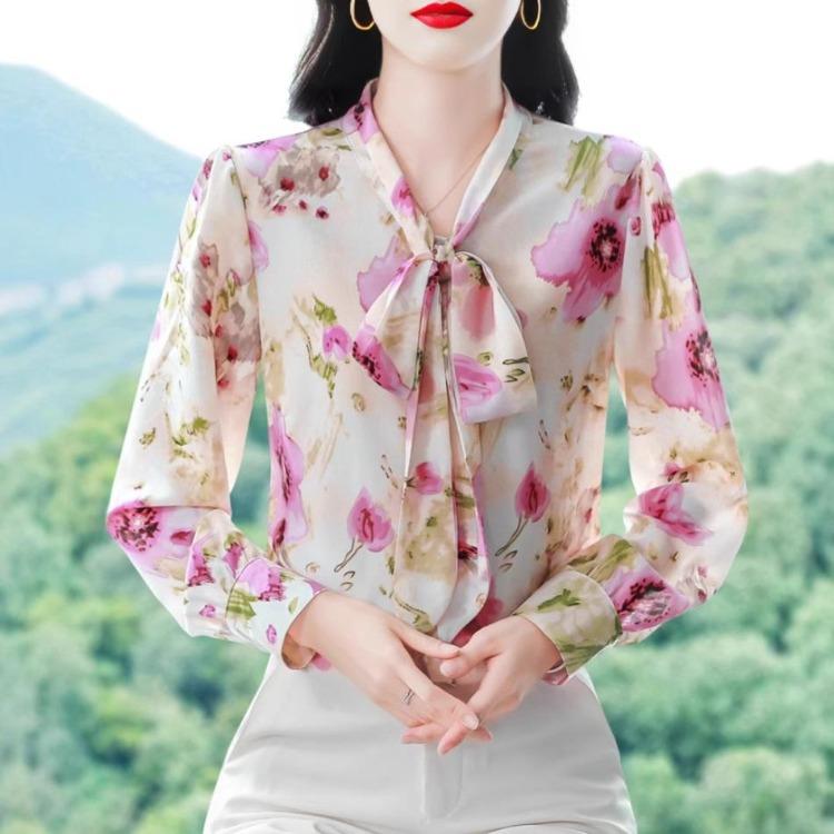 Retro Bow Shirt Long Sleeve Top for Women French Sweet Floral Chiffon Spring New