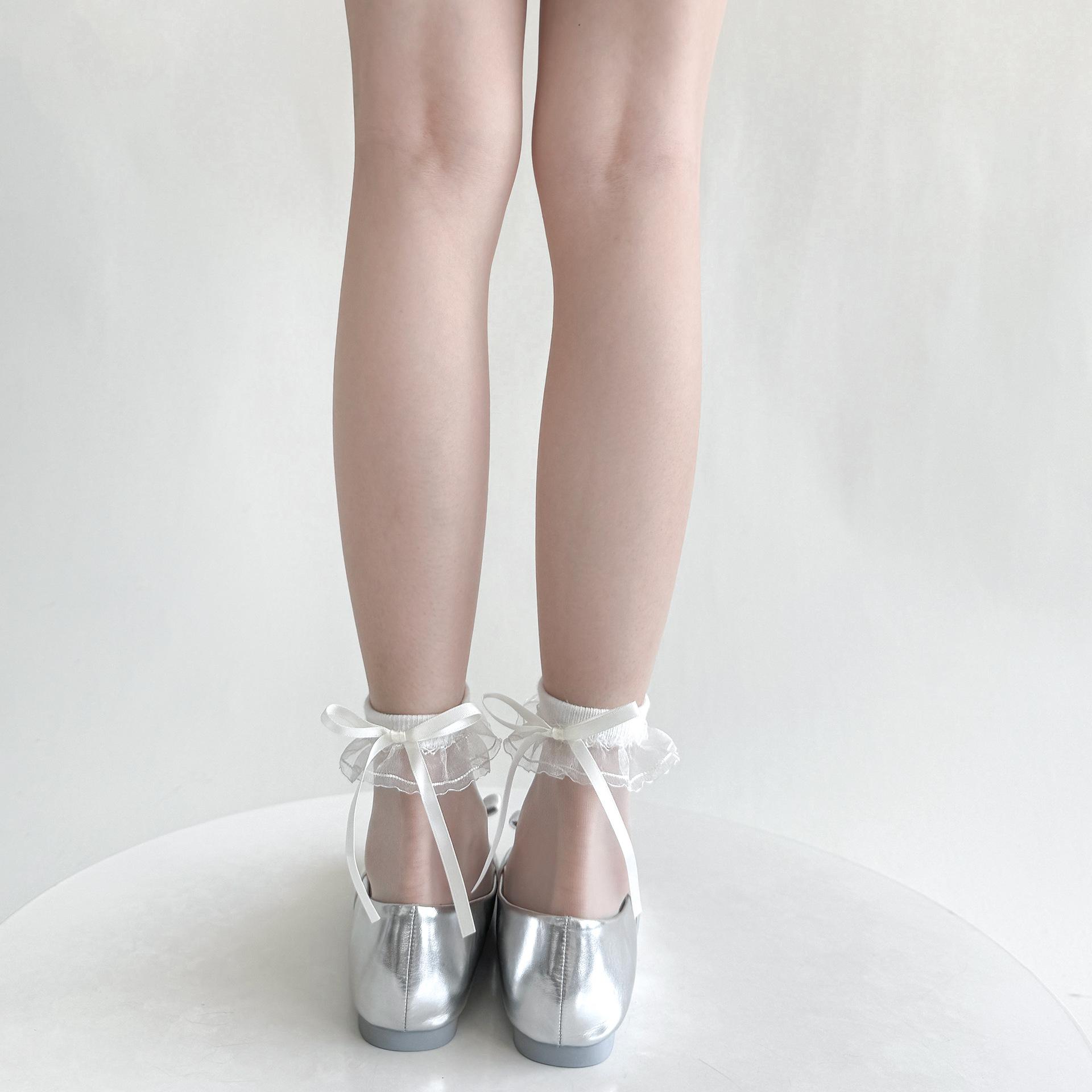 

Korean Fashion Schoolgirl Short Calf Sock Lace Ruffle Bow Ribbon Thin Lace Lolita Sock Summer Lightweight Visible Sheer Sock білий
