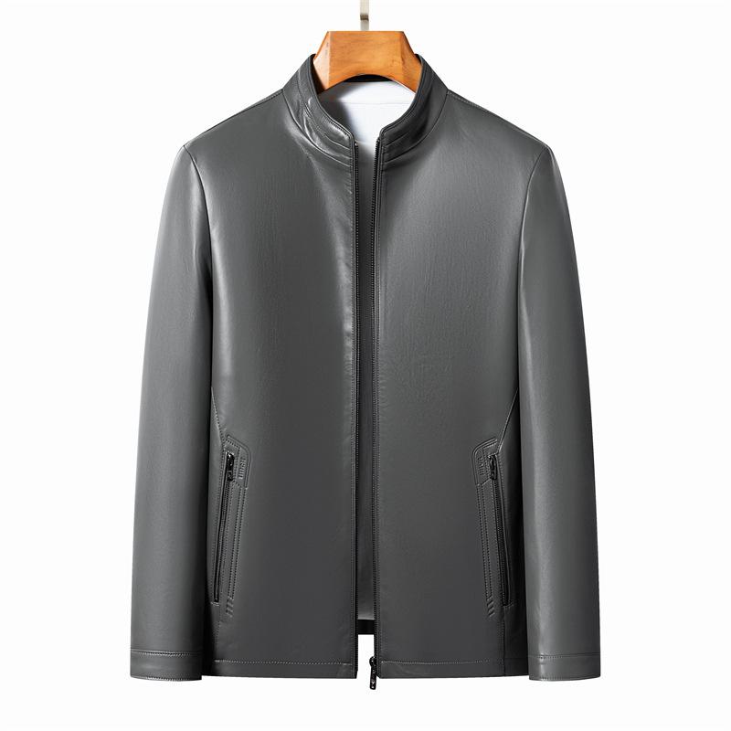 Genuine Leather Jacket Men's Sheepskin Autumn and Winter Stand-up Collar Daddy Leather Jacket Middle-aged Plus Velvet Warm Jacket