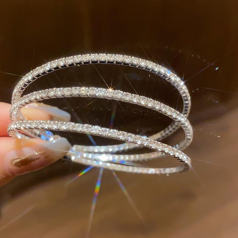 Rhinestone Geometric Multi-Layer Open Bangle - Exquisite High-End Fashion Bracelet