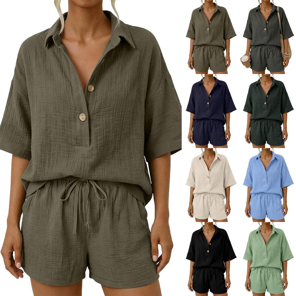 Women Casual Two Piece Set Lightweight Button Down Shirt and Drawstring Waist Shorts Relaxed Fit Summer Outfit