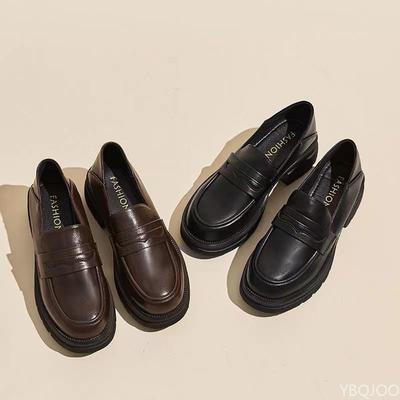 Women'S Casual Leather Shoes Fashion Thick Soled Pumps Solid Color Breathable Loafers Fashion Comfort Ladies High Heels