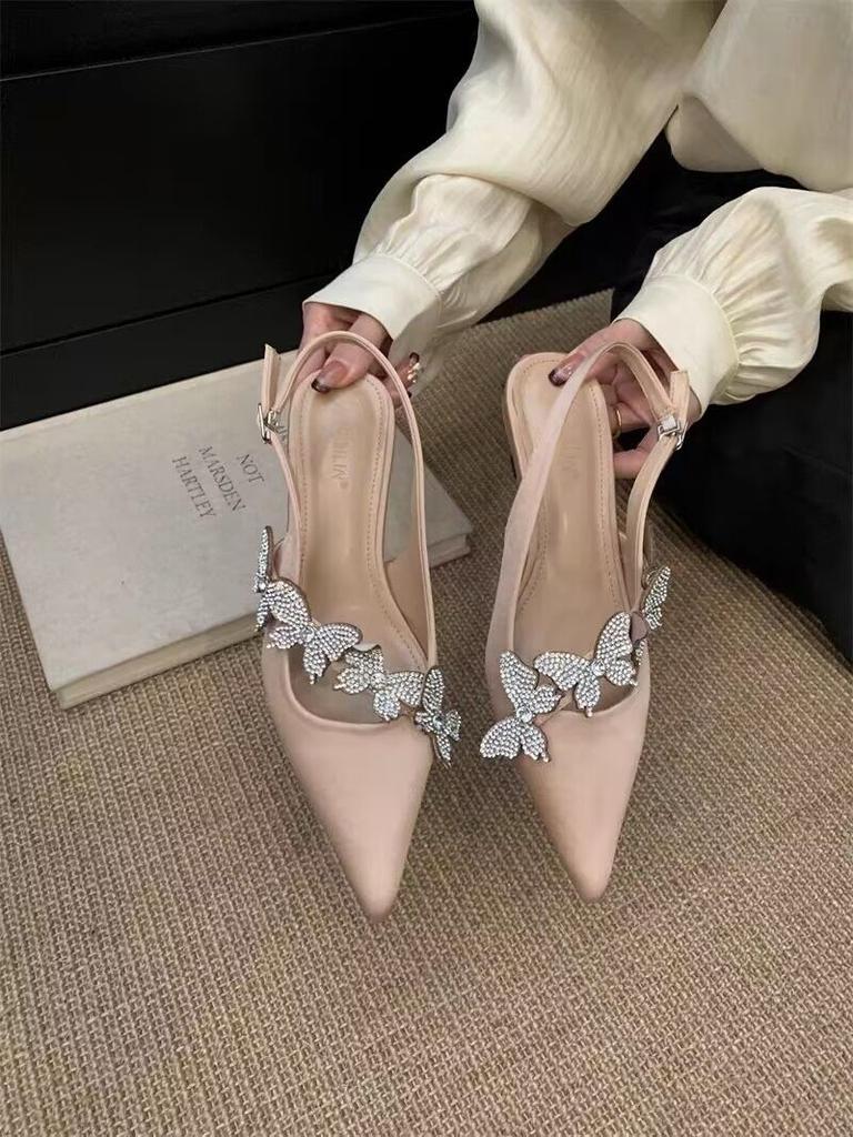 Fashion Women Crystal High Heels Sandals Shoes Butterfly Pointed Toe Slippers 2025 Designer Summer Elegant Party Dress Brand Shoes Mujer