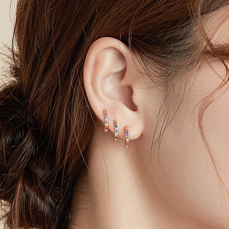 WOSTU Rainbow Hoop Earrings 925 Sterling Silver Colorful Zirconia Round Circle Silver Earrings For Women Zircon Fashion Jewelry