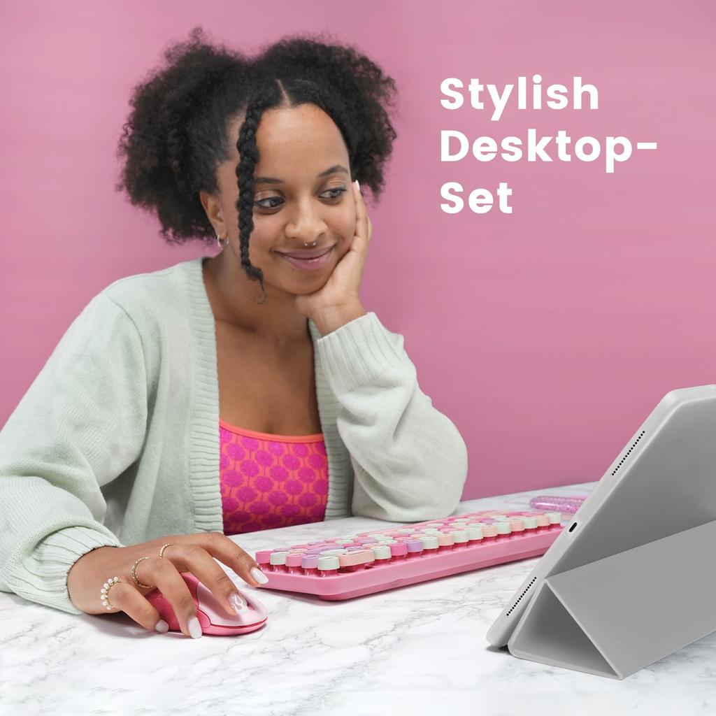 Perixx Bluetooth Wireless Mini Keyboard and Mouse Retro Round English Layout PERIDUO-802PK Set, Keys, Pink,