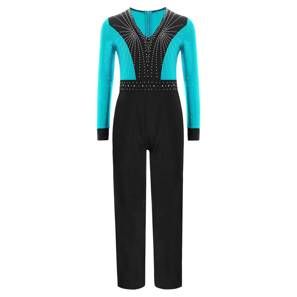 Boys Latin Dance Jumpsuit Color Block Design V Neck Long Sleeve Full Body Leotard Skating Performance Costume