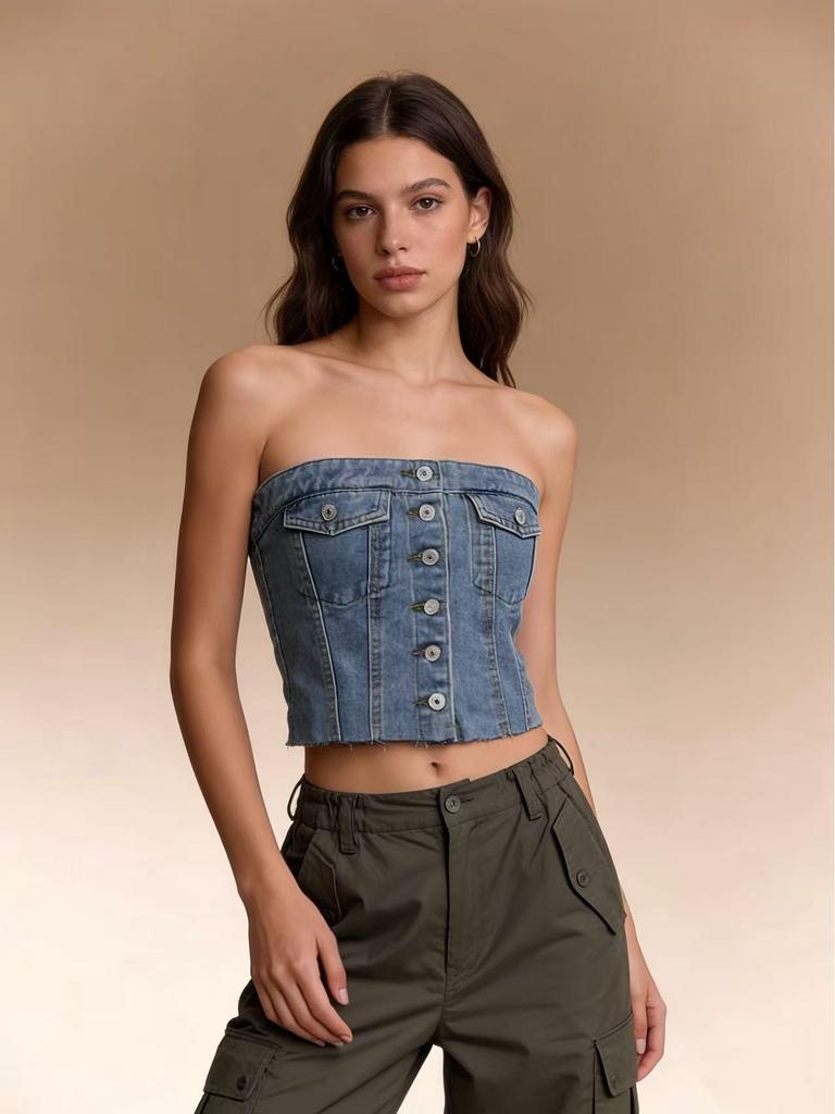 European and American Style Sexy Denim Tube Top for Women