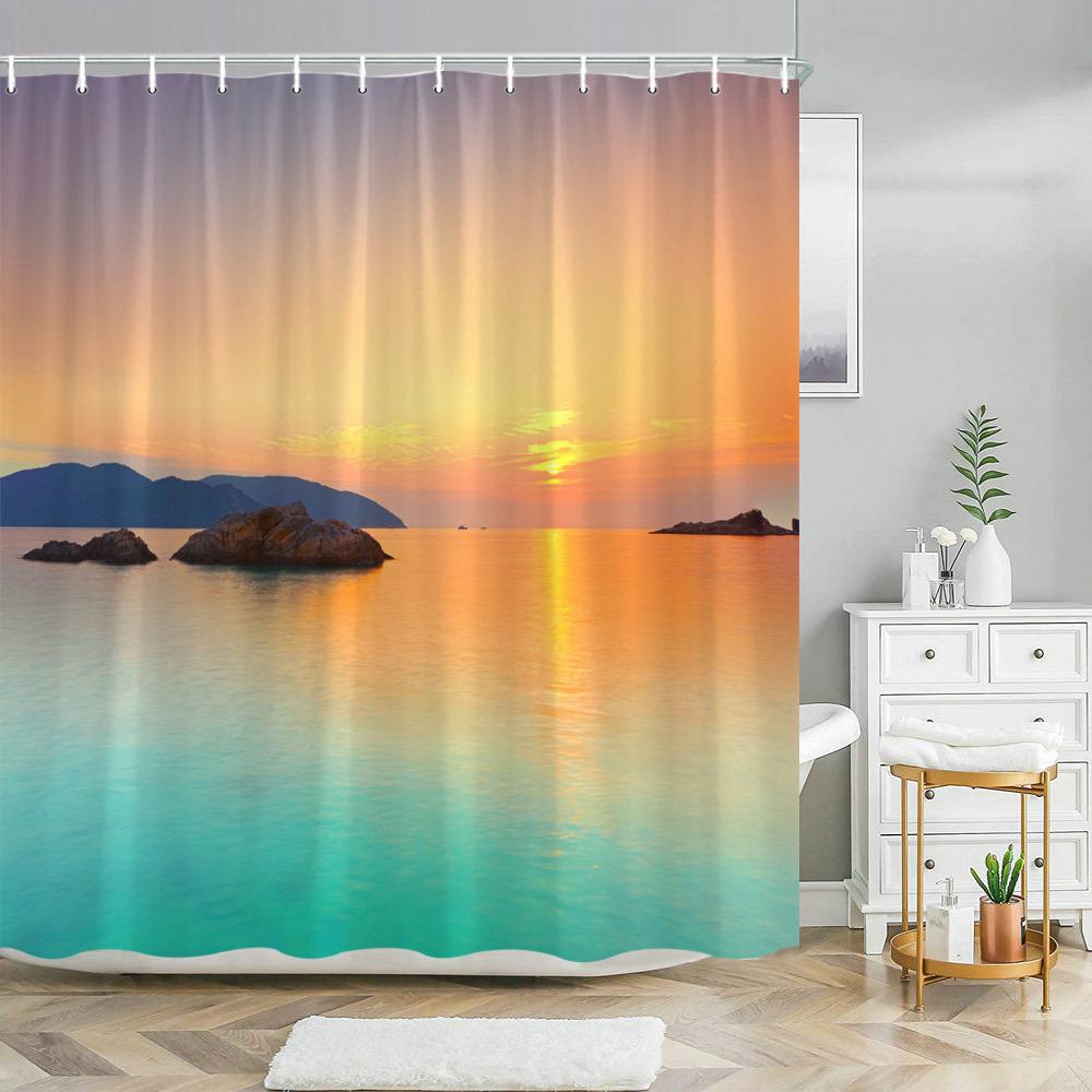 Sunset Sea Shower Curtain - Tranquil Waters, Vibrant Sky & Rocky Islets, Polyester with Hooks W90xH180cm