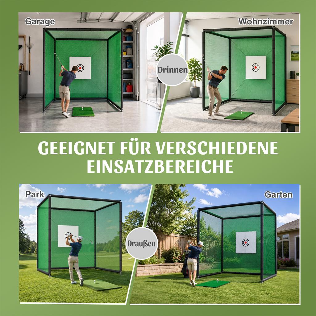300x300x300cm Golf Practice Net, Indoor Outdoor Hitting Net with Target Sheet, Practice Mat & Rubber Tee, Steel Frame, Backyard, Garden, Garage, Park