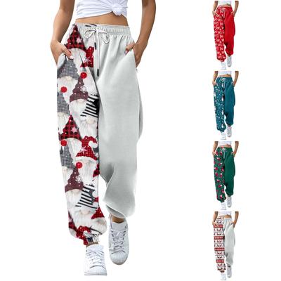Women's Christmas  Print Casual Pants Drawstring Elastic Waist Drawstring Pants WIth Pockets