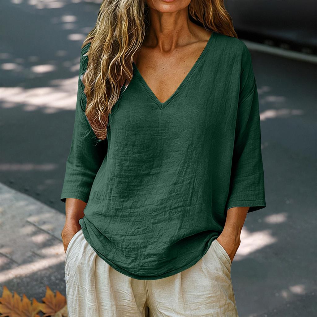 Women's Loose-Fit Fashionable Cotton-Linen -Color V-Neck Casual Top