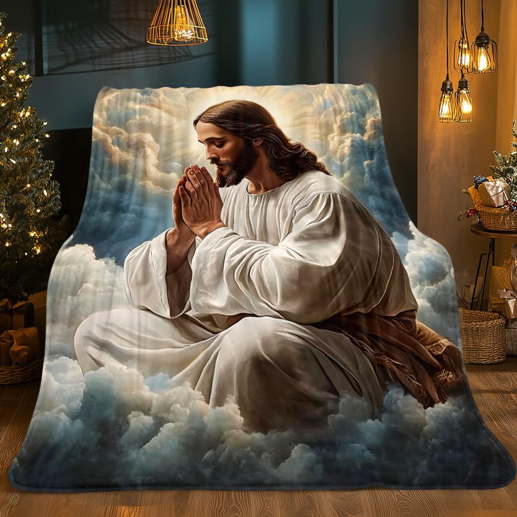 Jesus Christ Praying On Clouds Religious Art Fleece Blanket Christian Faith Gift Inspirational Home Decor Soft Cozy Throw Cover