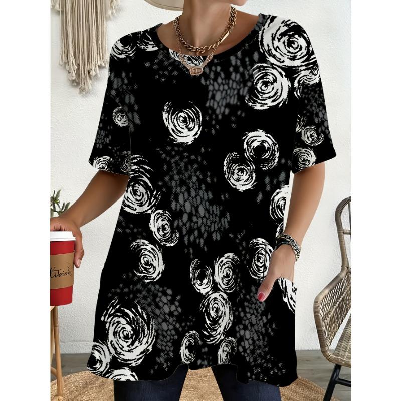 Women's Large-size T-shirt with Pocket Design1pcs Black and White Abstract Floral Print Loose Fit Short-Sleeve T-Shirt with Pocket,