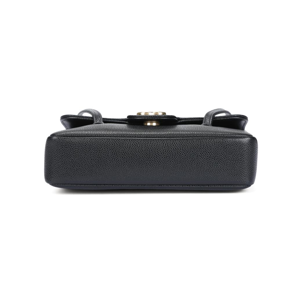 Chanel 26p Gold-Labeled Double C Logo Long Handle Grain Embossed Glossy Calfskin With Gold Metal Handheld Shoulder Bag Mini Female Black