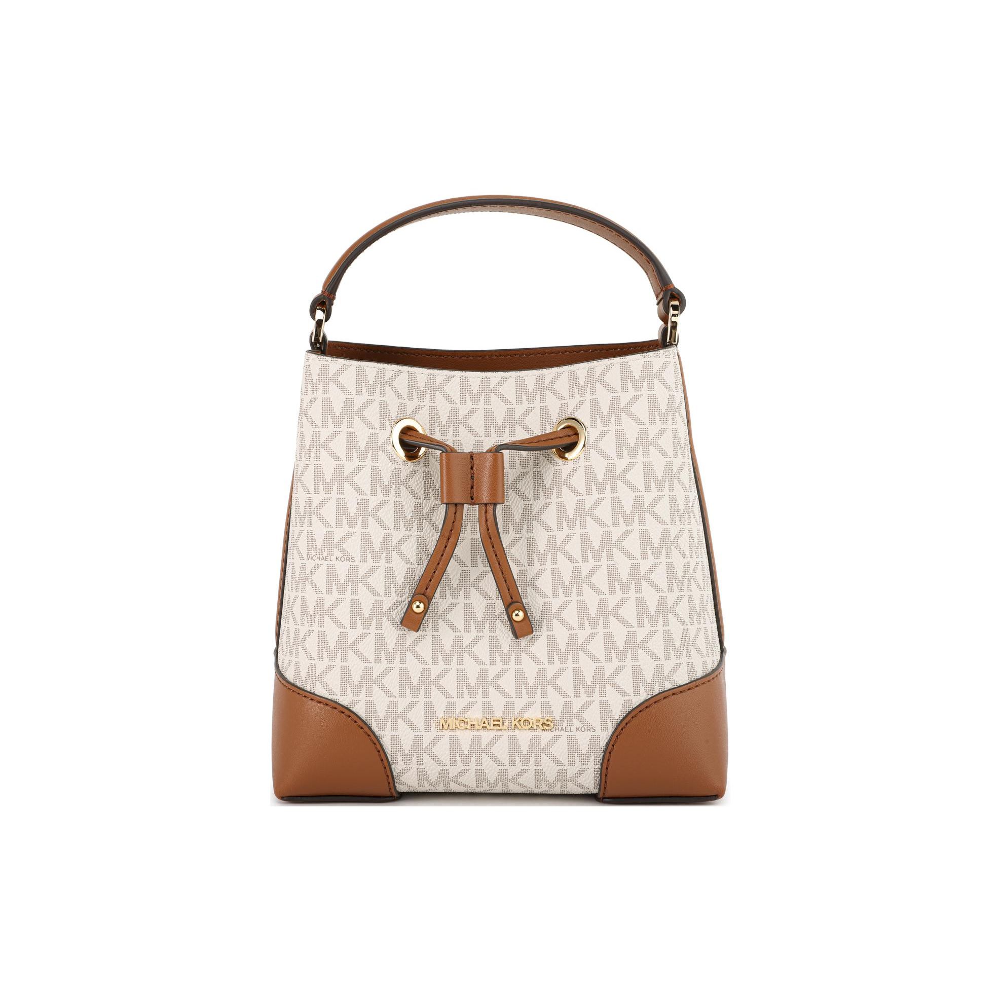 

Michael Kors MK Mercer 18 Classic Monogram Drawstring Closure Coated Canvas Tote Bag Small Women tote bags White Brown 35F2GM9M1B-VANILLA Basic Set (Bag+Dust Bag)