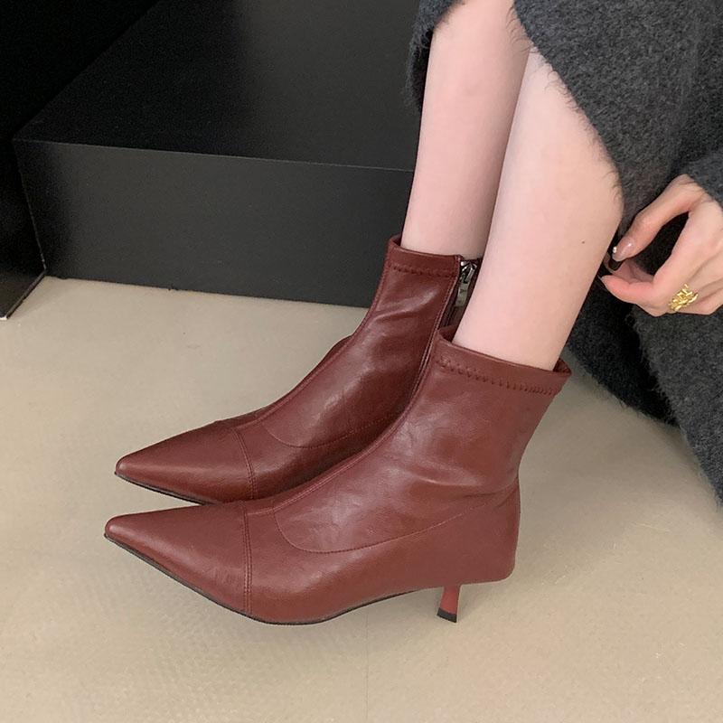 Mode Damen Niedrigabsatzschuhe Damen Knöchel Stretch Stiefel Reißverschlüsse Mode Spitzschuh Damen Kurz Moderne Stiefel Pumps Schuhe
