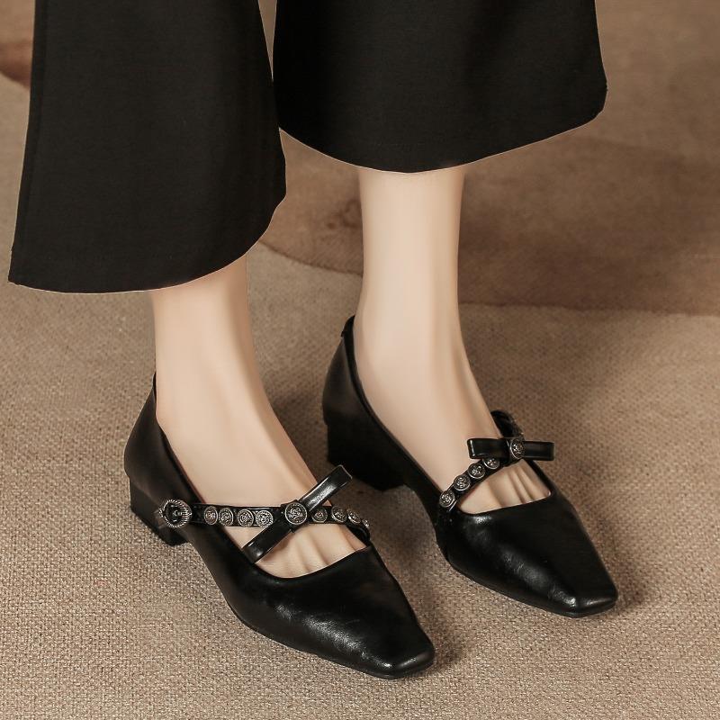 

H8563-9 single shoes women s bow with buckle thick heel Mary Jane commuting temperament women s shoes square head retro 35 чёрный