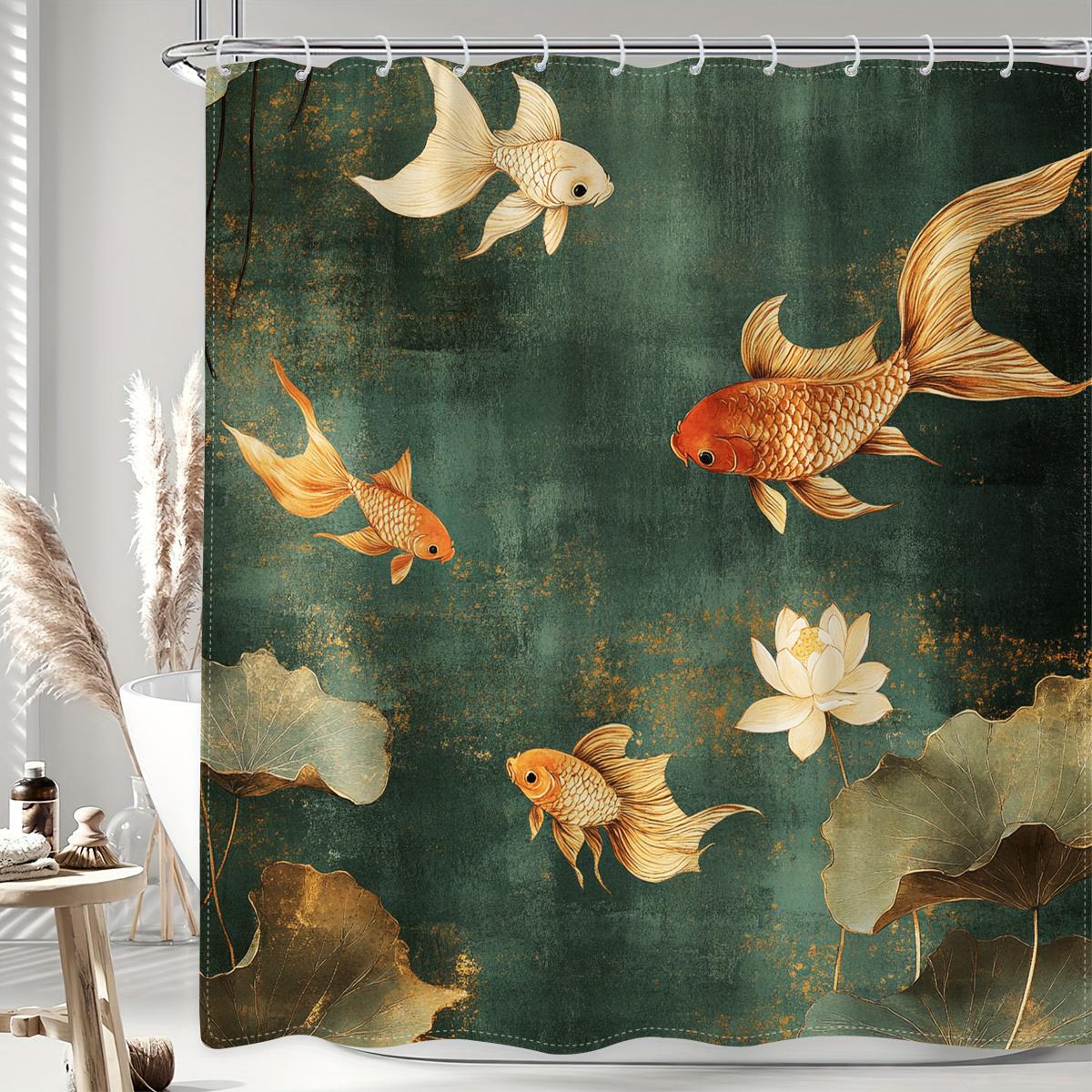 

1Pc Vintage Goldfish And Lotus Shower Curtain - Polyester With Hook Bathroom Decor, Home Accessories For All Seasons W60H190(CM)-1 Pcs