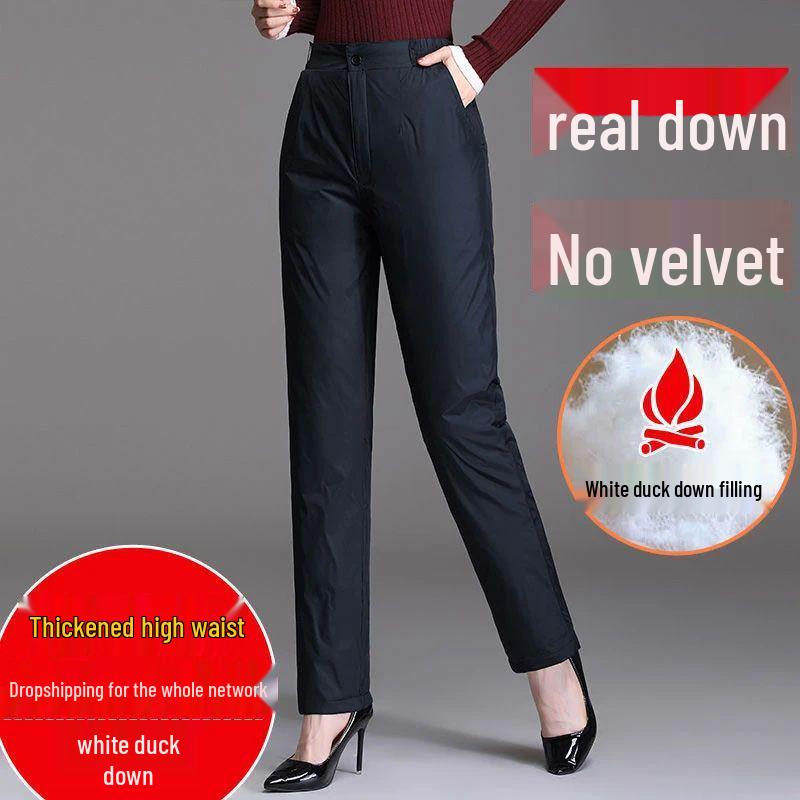 

Женские зимние пуховые брюки с высокой посадкой - Повседневные, Теплые, Свободного кроя, Большого размера, Хлопковые утолщенные, Прямые для среднего и пожилого возраста L 105-125 lbs чёрный