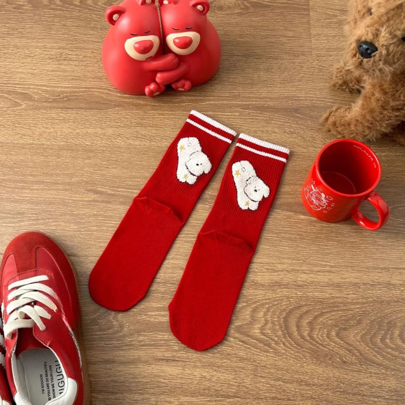Big Red Socks Cartoon Middle Tube Peace, Joy, Wedding Good Luck Socks Gift Red Socks