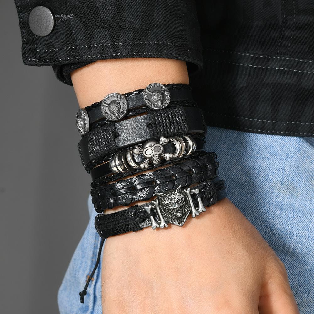 European and American Cross-border Artificial Leather Bracelet Jewelry, Punk Multi-layer Alloy Lion Skull Woven Black Bracelet