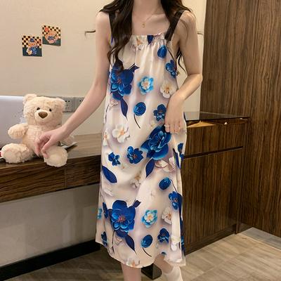 Fattened Large-size New Spring and Summer Super Soft Ice Silk Pajamas, Girls' Printed Suspender Skirts, Loungewear 50kg Can Be Worn
