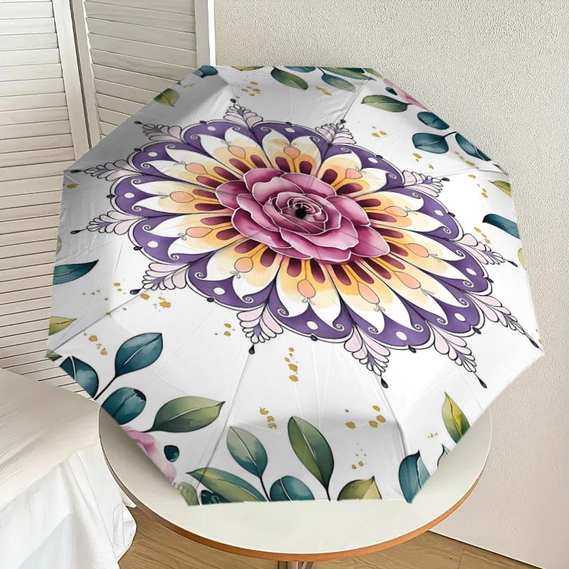 1 Stück Blumiges Mandala Automatisches Öffnen/Schließen Regenschirm Kompakter Faltregenschirm mit 8-Speichen-Gestell für Damen/Herren, Elegant Geburtstag1286S