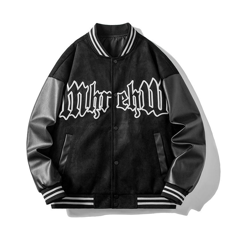 

Jacket Men s and Women s Baseball Collar Spring Clothes New Couple American Retro Leather Sleeve Baseball Suede Coat 3XL чёрный