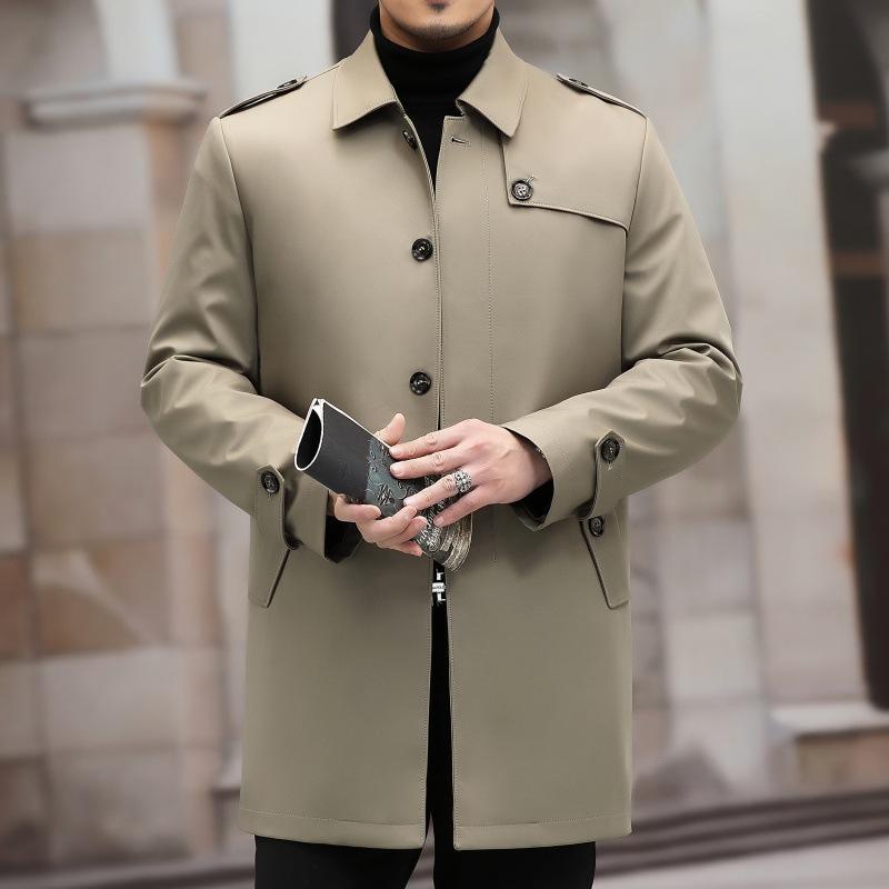 Men's Mid-Length Thickened Lapel Windbreaker with Removable White Duck Down Liner.