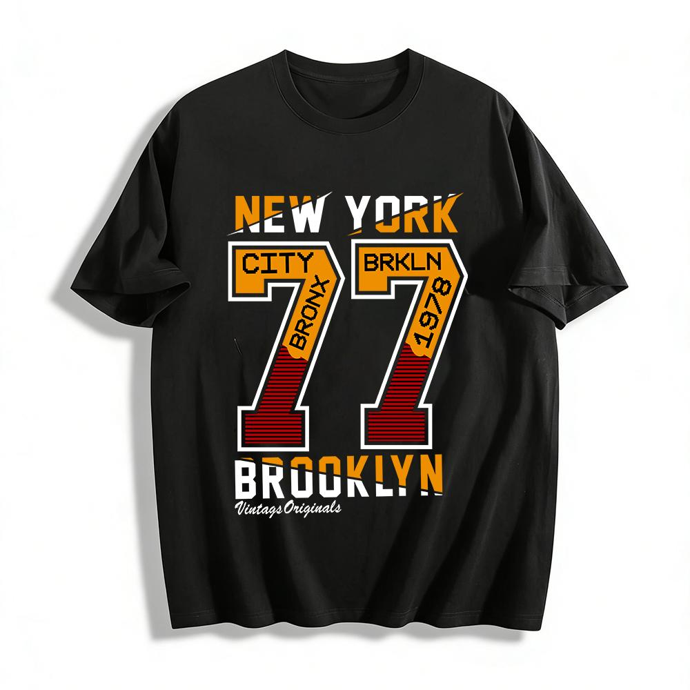 New York 77 Number Print T-shirt Retro Hip Hop Style Casual Top Pure cotton T-shirt XXS