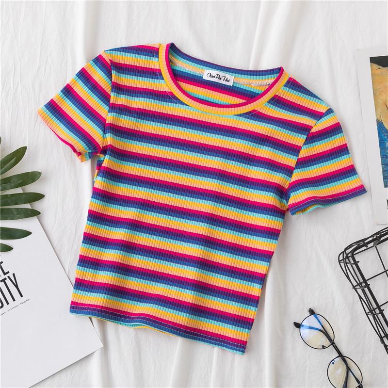 Korean Style Rainbow Striped Cropped Women s T-Shirt with Cutout Small