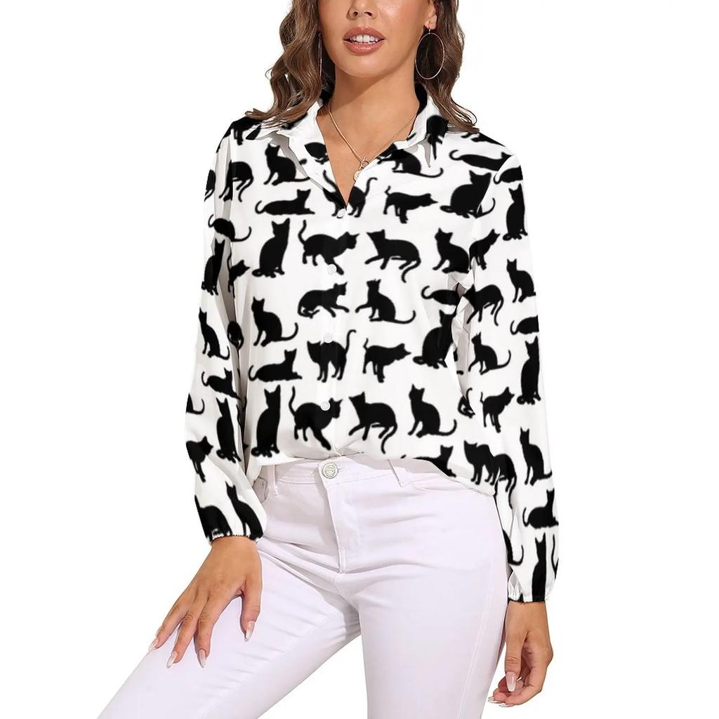 Black Cat Blouse For Women Cute Classic Cat Print Loose Blouses Long Sleeve Kawaii Shirts Spring Casual Clothing Big Size Blouse
