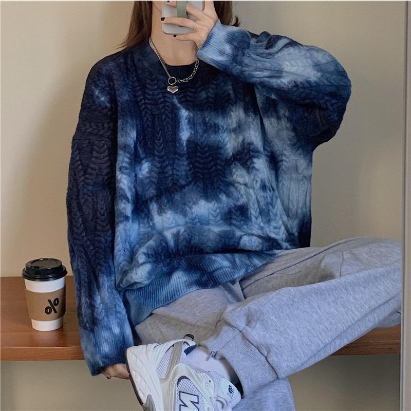 Women's Loose Outer Wear Autumn and Winter Thickened Knitted Jacket Autumn Girlfriend Couple Wear Retro Tie-dye Top
