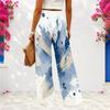 Women Plus Size Blue White Abstract Printed Wide Leg Full Length Loose Pants