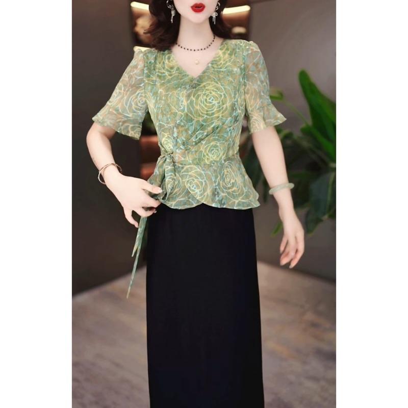 Summer New Chiffon T-shirt for Women, Fashionable Temperament, Versatile and Age-reducing Loose Top for Women