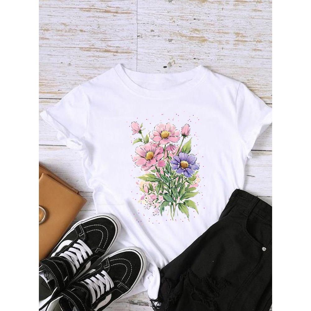Style Flower Trend Clothing Graphic T-shirts Lady Short Sleeve T Shirt Women Print Female Fashion Clothes Casual Tee