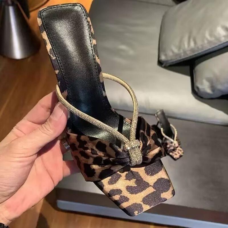 New Style Shoes Water Diamond Flip-flops High Heels Thin Straps Square Heads Exposed Toes One Line