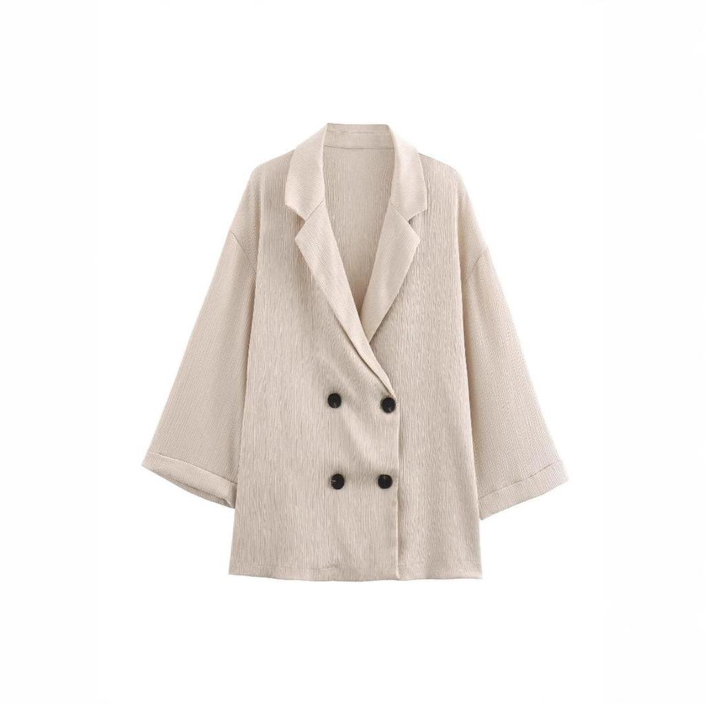 Women's Casual Crinkle Double-Breasted Blazer + High-Waisted Long Pants