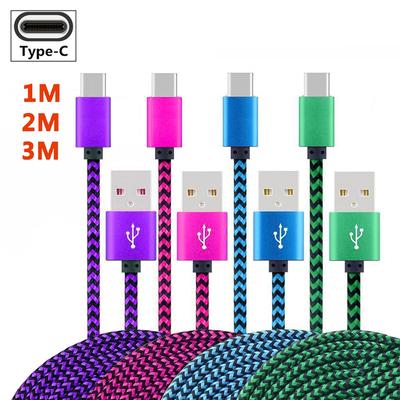 1-3m USB Type C Cable Date Sync 3A Fast Charging Nylon Braided Wire Charger Cable For Samsung Huawei Android Type C Mobile Phone