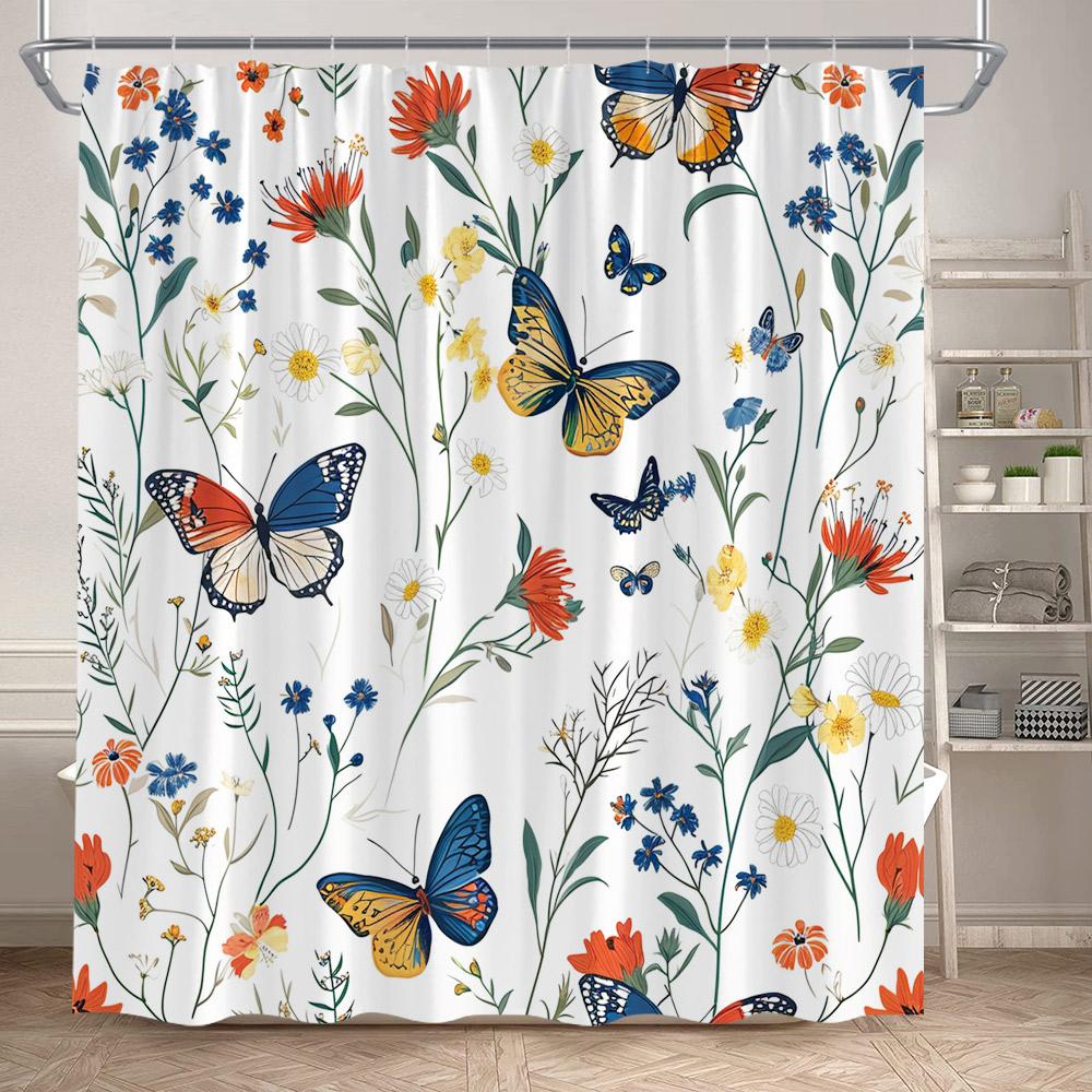 Floral Blue Butterfly Shower Curtain Purple Flowers Butterflies Plant Polyester Fabric Bathroom Decor Bath Curtains with Hooks