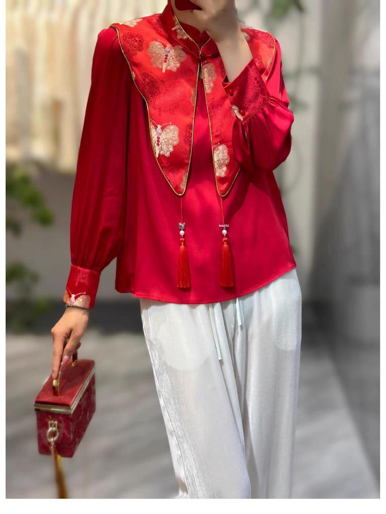 Chinese New Year 2024 Red Silk Dragon Shirt with Trumpet Sleeves