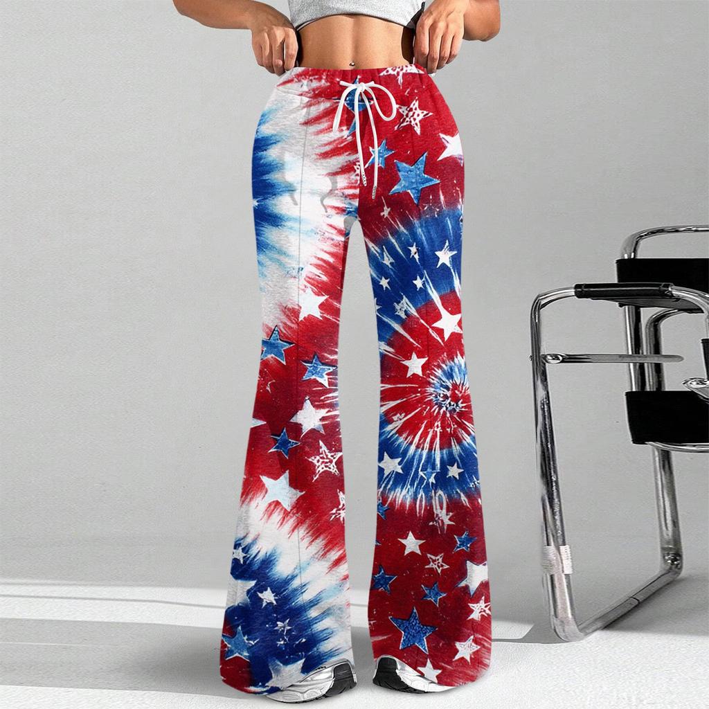 Women's Fashion Loose Drawstring Tight Waist Independence Day Printed Casual Sports Pants Casual Flared Pants