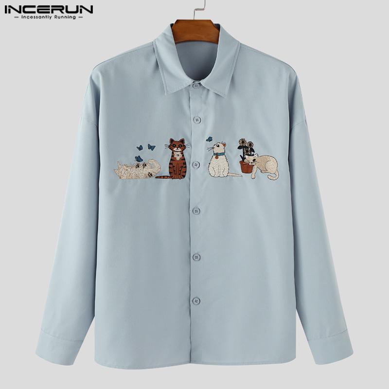 INCERUN Oversized Men Lapel Neck Long Sleeve Embroidery Casual Shirts Tops