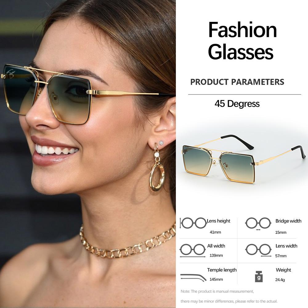 Vintage Square Double Bridge Sunglasses For Women With Golden Metal Frame And Chain Decoration Light Luxury Women Glasses