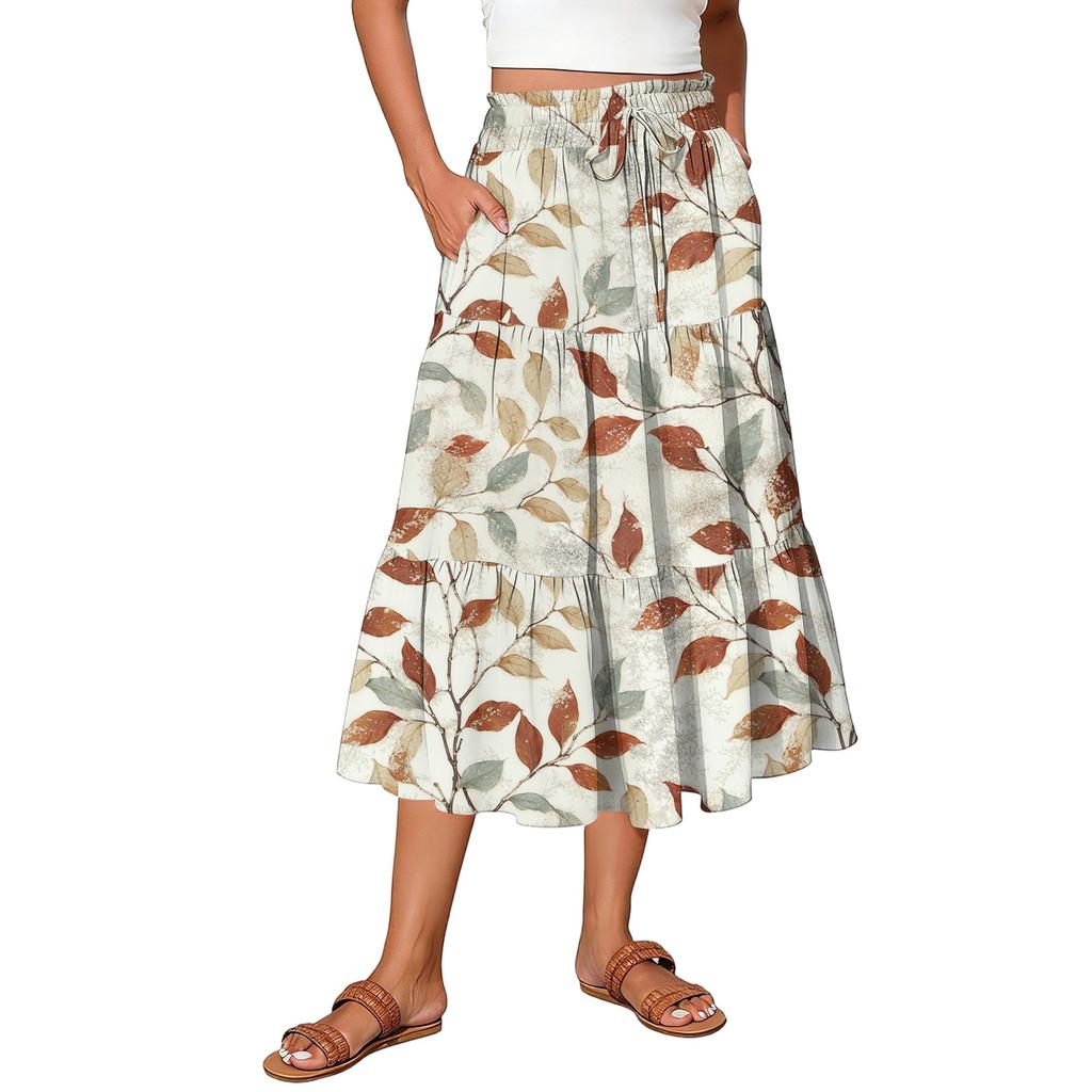 Womens Maxi Skirt Drawstring High Waisted Summer Long Skirts Lightweight Tiered Flowy Floral Pleated Skirts