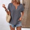 Women V Neck Linen Blend T Shirt Short Sleeve Button Detail Casual Top