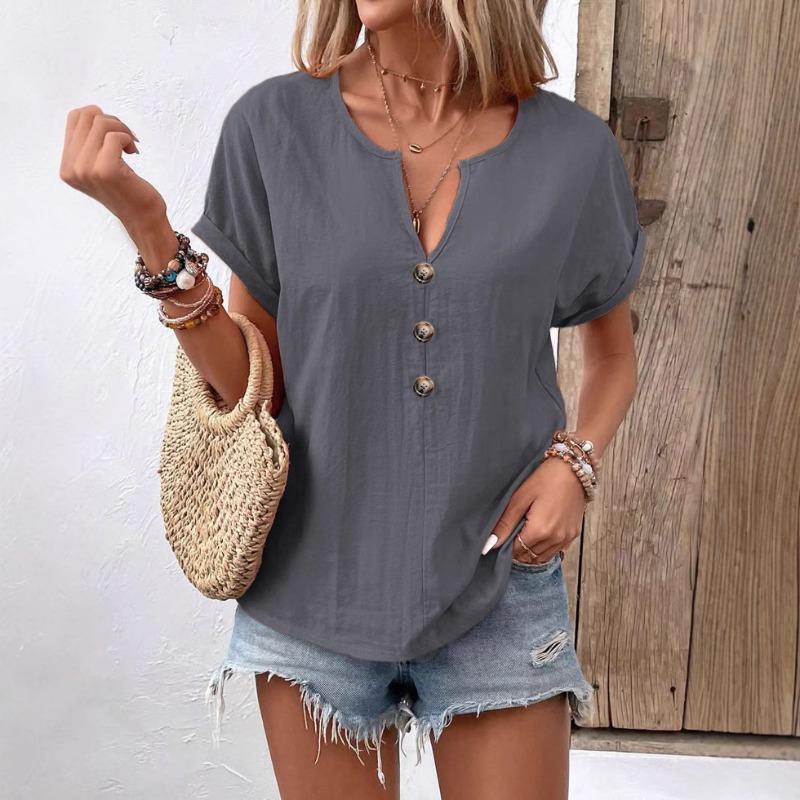 women v neck linen blend t shirt short sleeve button detail casual top S