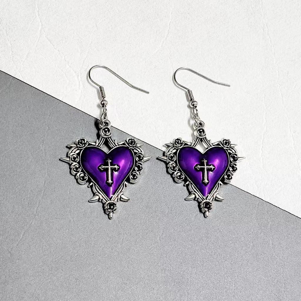 Goth Jewelry Thorns Heart Cross Earrings Red Drip Oil Rose Flower Earrings for Women Punk Charms Accessories Grunge Earrings